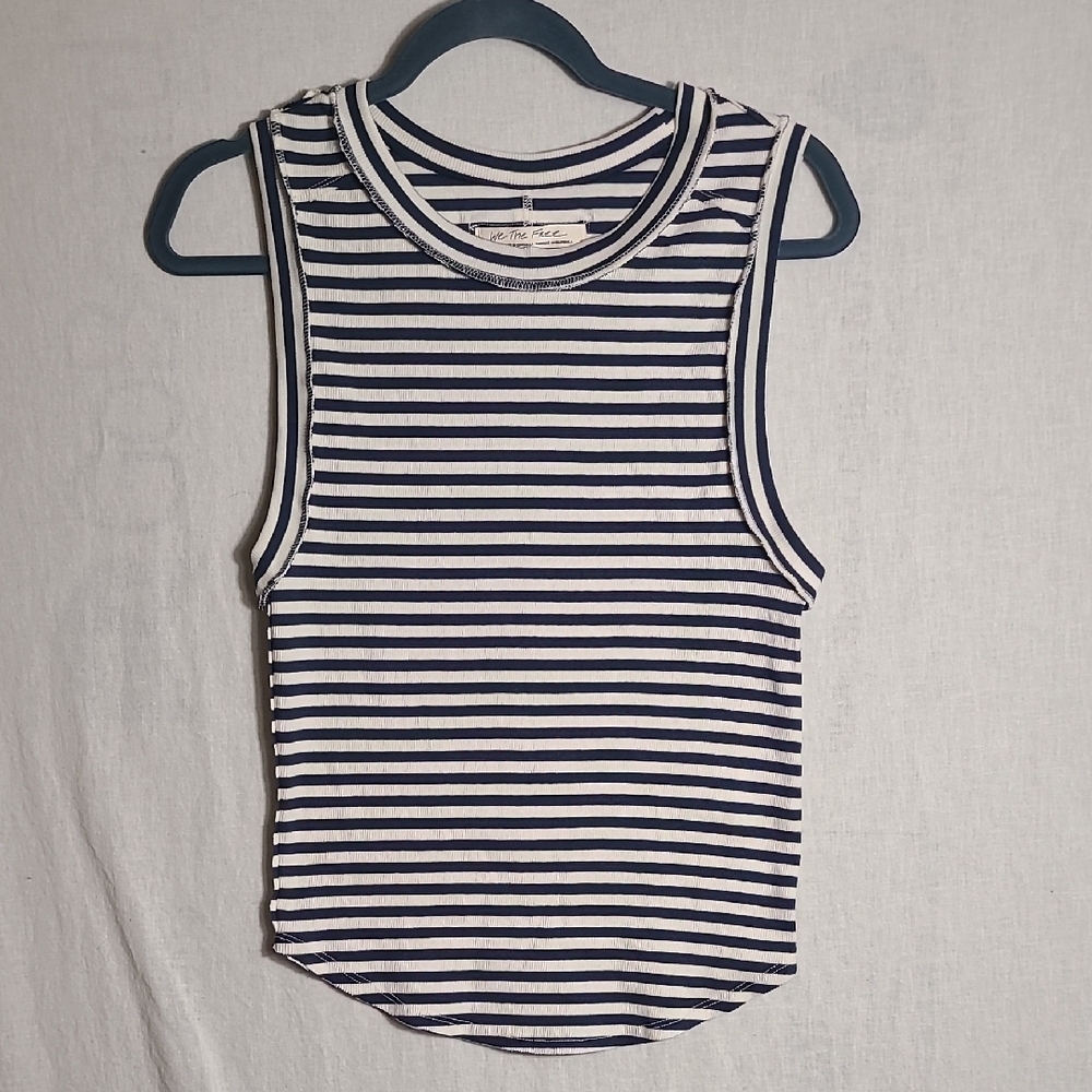 Free People We The Free Navy and White Raw Edged Striped Tank Top Size Large